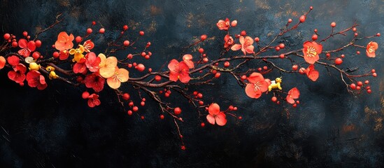 Poster - Decorative tree branch with vibrant flowers and berries on a dark background space for messages and congratulations celebration theme