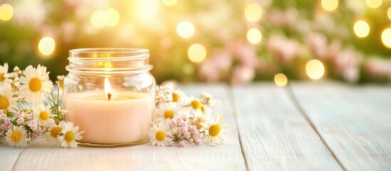 Poster - Candlelit jar with flowers on a white wooden table creating a serene and warm ambiance in a beautifully lit environment