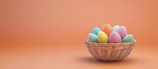 Aufkleber - Colorful Easter eggs in a woven basket on an orange backdrop with ample copy space for seasonal promotions or greetings