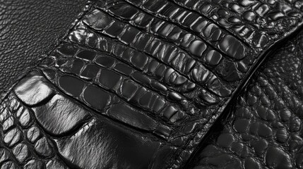 Poster - Detailed close-up of luxurious black leather texture featuring intricate patterns and a glossy finish, ideal for fashion or design applications, texture, materials, fashion.