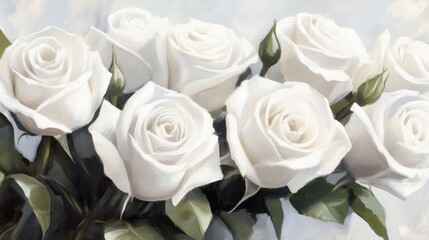 Poster - Elegant bouquet of white roses with delicate petals and green leaves against a soft pastel background for tranquil floral decor.