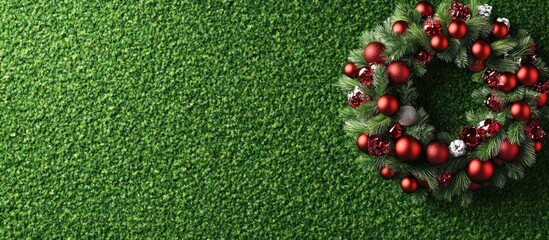 Poster - Festive Christmas wreath adorned with red ornaments on a vibrant green wall background creating a vibrant holiday ambiance.