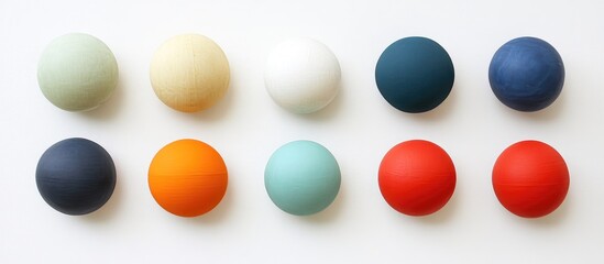 Poster - Colorful assortment of textured balls arranged neatly on a clean white background for design and playful concepts.