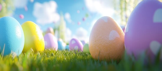 Poster - Vibrant colored Easter eggs scattered on green grass under a bright blue sky with fluffy clouds creating a cheerful spring atmosphere