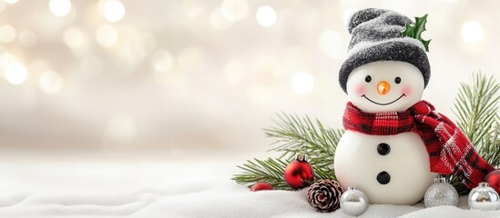 Poster - Festive Snowman Decorated with Hat and Scarf Surrounded by Christmas Ornaments and Pine Branches on a Soft Background