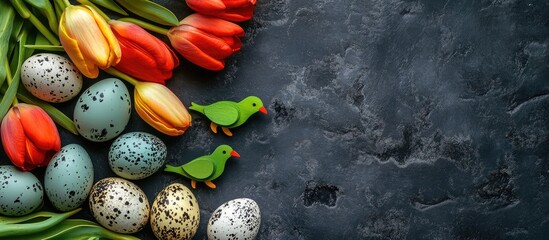 Poster - Colorful quail eggs tulip flowers and wooden birds on stone table aerial view with copy space for spring celebration or Easter decoration