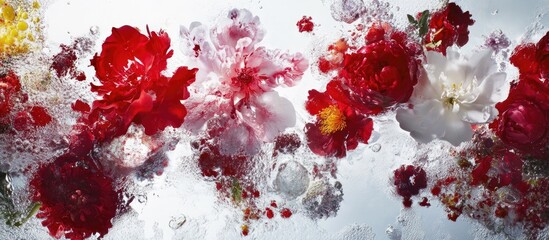 Poster - A vibrant arrangement of colorful flowers submerged in water creating dynamic bubbles and textures on a clean white background