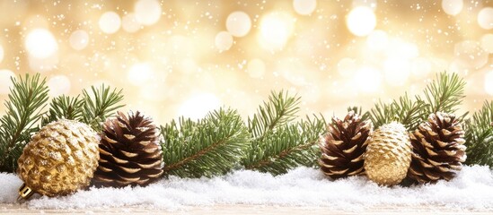 Poster - Christmas decorations with fir tree branches and pine cones on a snowy wooden surface with golden sparkling bokeh background effects