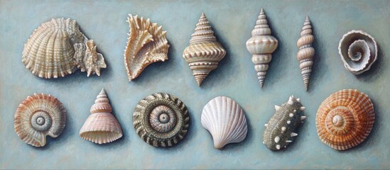 Poster - Variety of seashells arranged on a blue wooden surface with ample copy space for creative and marketing use
