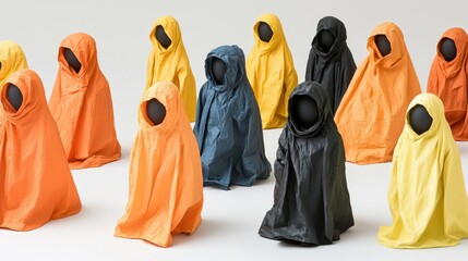 Poster - Hollow costumes displayed in various colors creating an artistic arrangement on a white background