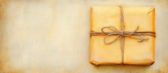 Poster - Vintage Christmas gift wrapped present top view with twine on textured background and ample blank space for seasonal greetings or messages