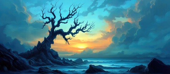 Aufkleber - Leafless tree silhouette against a vibrant dawn sky with warm sunlight and serene ocean waves creating a tranquil coastal landscape.