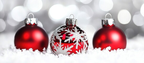 Poster - Festive red Christmas ornaments on snow with sparkling bokeh background celebrating holiday gifts and decorations in a joyful atmosphere