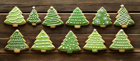 Poster - Christmas tree shaped cookies decorated with icing arranged on a wooden table from an aerial perspective for festive culinary delight