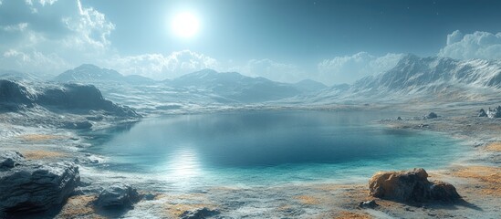 Poster - Luminous Crater Lake Surrounded by Majestic Mountains Under a Bright Sky
