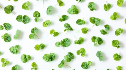 Poster - Flat lay of fresh green nettle leaves arranged artistically on a white background showcasing detailed textures and vibrant colors