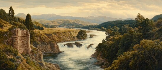 Poster - Serene river flowing through rocky terrain with lush vegetation and distant hills showcasing the beauty of nature and landscape tranquility