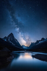 Beautiful view of milky way glowing on the sky with mountains and river and reflections of stars