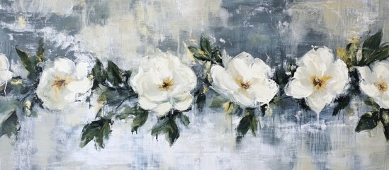 Poster - Elegant white cedar blooms with lush green leaves against a textured muted background in a serene floral arrangement artwork.