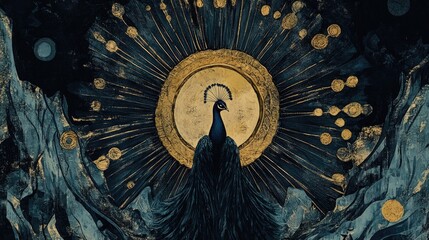 Poster - Majestic peacock displaying its vibrant fanned tail against a mystical celestial backdrop radiating beauty and elegance in nature.