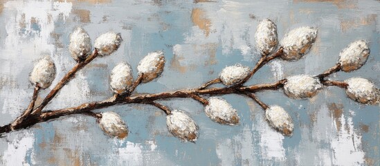 Poster - Willow tree branches adorned with fluffy blooming buds against a textured artistic background showcasing nature's vibrant beauty.