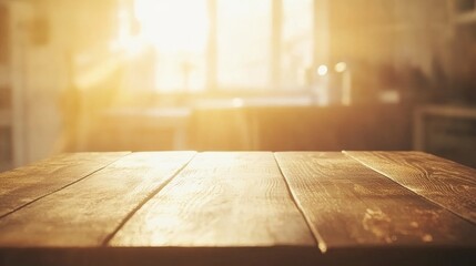 Poster - Wooden tabletop with a warm light in a blurred kitchen background ideal for product displays and advertising visuals.