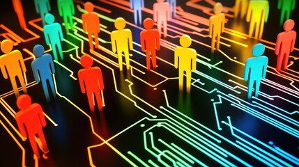 Poster - Vibrant digital connection concept depicting abstract figures on a network circuit background representing PaaS technology and collaboration.
