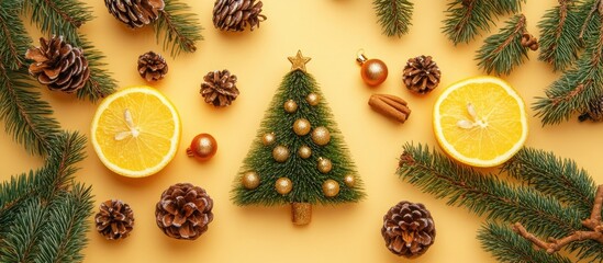 Aufkleber - Festive flat lay composition featuring a decorated Christmas tree with ornaments and natural elements on a vibrant yellow background
