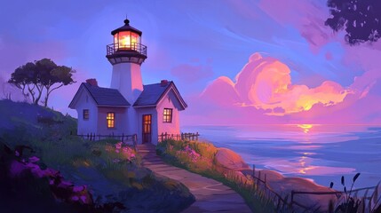 Aufkleber - Coastal sunset lighthouse with vibrant colors and serene landscape illuminating the peaceful beach atmosphere at dusk