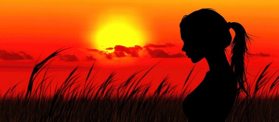 Aufkleber - Silhouette of a woman watching a vibrant sunset with tall grass in the foreground creating a serene and contemplative atmosphere