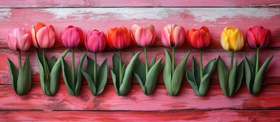 Aufkleber - Colorful tulips arranged on rustic wooden boards painted in soft pink and white hues for a vibrant floral display