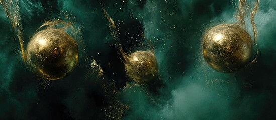 Poster - Elegant abstract backdrop featuring shimmering golden spheres drifting through a mystical mist with glittering textures and ethereal water effects.