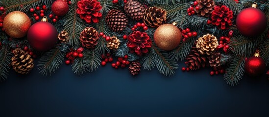 Aufkleber - Christmas backdrop with fir branches pine cones red and gold ornaments creating a festive and elegant holiday atmosphere
