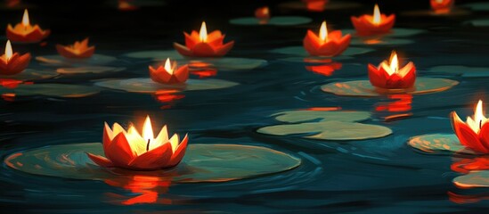Aufkleber - Floating candles on lotus flowers illuminating a serene pond at night during a peaceful celebration.