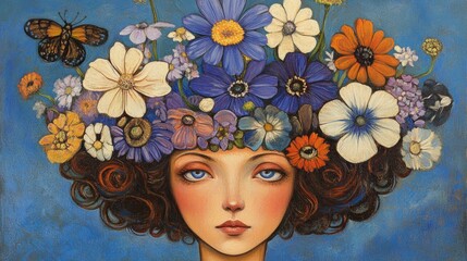 Aufkleber - Brunette woman with brown eyes surrounded by vibrant flowers and butterflies reflecting deep thoughts and nature's beauty