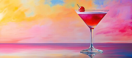 Poster - Cocktail glass with cherry reflecting on smooth surface against colorful pastel background for minimalistic holiday themed designs