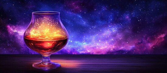 Poster - cosmic reflection in a wineglass surrounded by a starlit galaxy and colorful nebulae