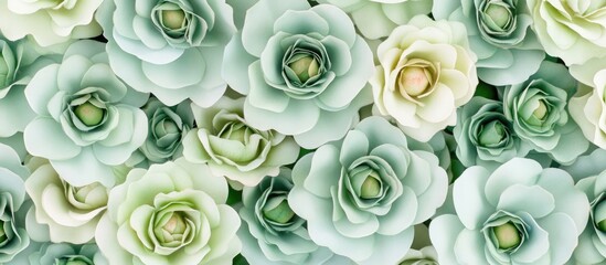 Aufkleber - Delicate closeup of lush green and soft white roses creating a serene floral backdrop for elegant design projects.