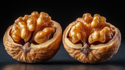 Poster - Detailed studio photograph of two walnut halves positioned symmetrically against a sleek black backdrop, emphasizing the intricate textures and colors of the nut, food photography, high detail, contra
