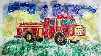 Poster - Child's colorful wax crayon drawing of a fire truck against a vibrant background of green and blue hues