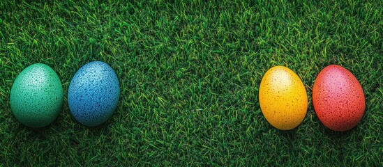 Fototapete - Vibrant colored Easter eggs arranged on lush green grass creating a festive springtime atmosphere for seasonal celebrations