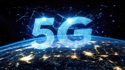 Aufkleber - 5G wireless network technology concept with digital representation of the Earth showcasing global connectivity and telecommunication advancements