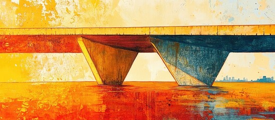 Aufkleber - Vibrant sunset beneath a modern suspension bridge reflecting on a tranquil river surface in warm hues of orange and blue