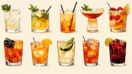 Aufkleber - Collection of classic cocktails featuring diverse ingredients and garnishes arranged aesthetically on a clean white background
