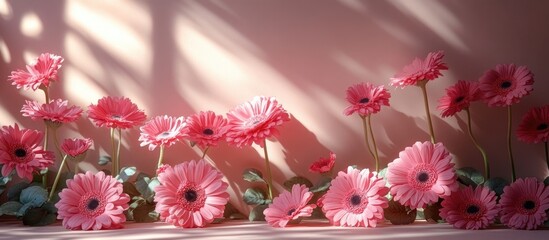 Poster - Pink gerbera flowers casting shadows on a wall with blank paper sheets for business branding and social media templates in sunlight ambiance