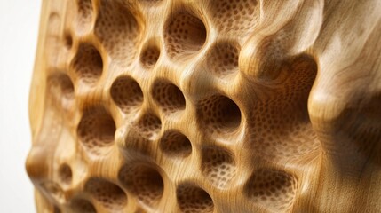 Poster - Textured wooden wall panel with a contemporary design featuring organic shapes and varying hole sizes, highlighting craftsmanship and modern aesthetics, interior design, home decor, natural materials.