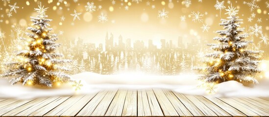 Aufkleber - Golden winter wonderland background with blurred lights and snowy trees on a wooden planked floor for festive holiday themes.