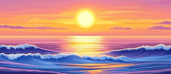 Poster - Serene beach sunset with vibrant sky colors and reflective waters, featuring dramatic waves creating a stunning coastal landscape.