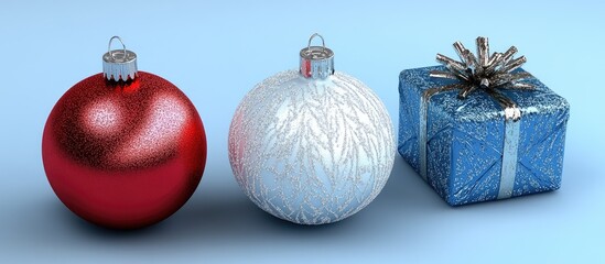 Aufkleber - Festive Christmas ornaments in red and white with a decorative blue gift box on a soft blue backdrop for holiday celebrations.