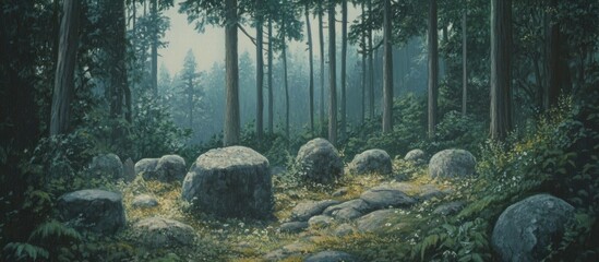Poster - Serene Forest Landscape with Boulders Surrounded by Lush Greenery and Soft Morning Light